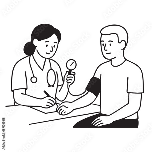 Doctor checking patient's blood pressure with stethoscope and sphygmomanometer in clinic