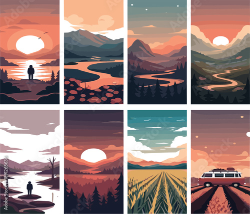 Vector illustration of eight stylized sunset landscapes featuring mountains, rivers, fields, and travel scenes with warm colors