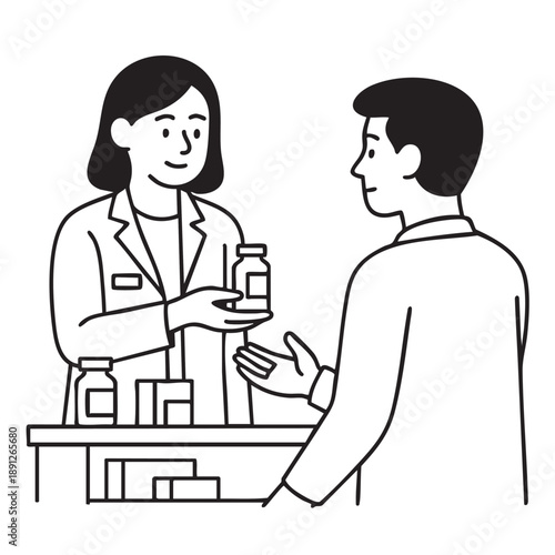 Pharmacist handing a prescription bottle to a customer at the counter