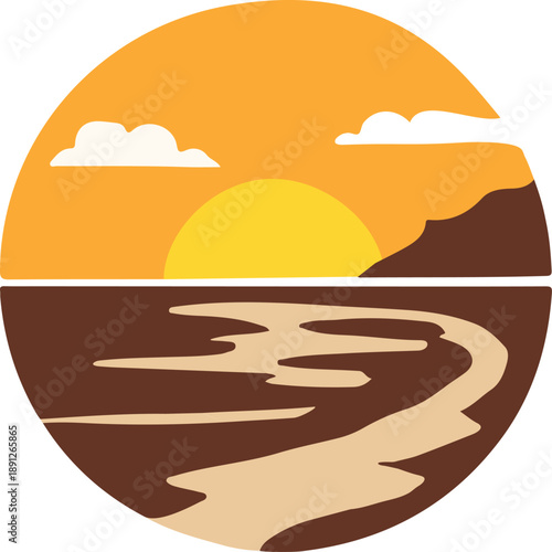 A stylized illustration of a vibrant sunset or sunrise over a serene mountain landscape with a winding path below