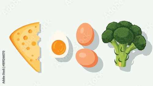 Balanced healthy breakfast ingredients including slice of yellow cheese, boiled eggs and green broccoli over plain background.