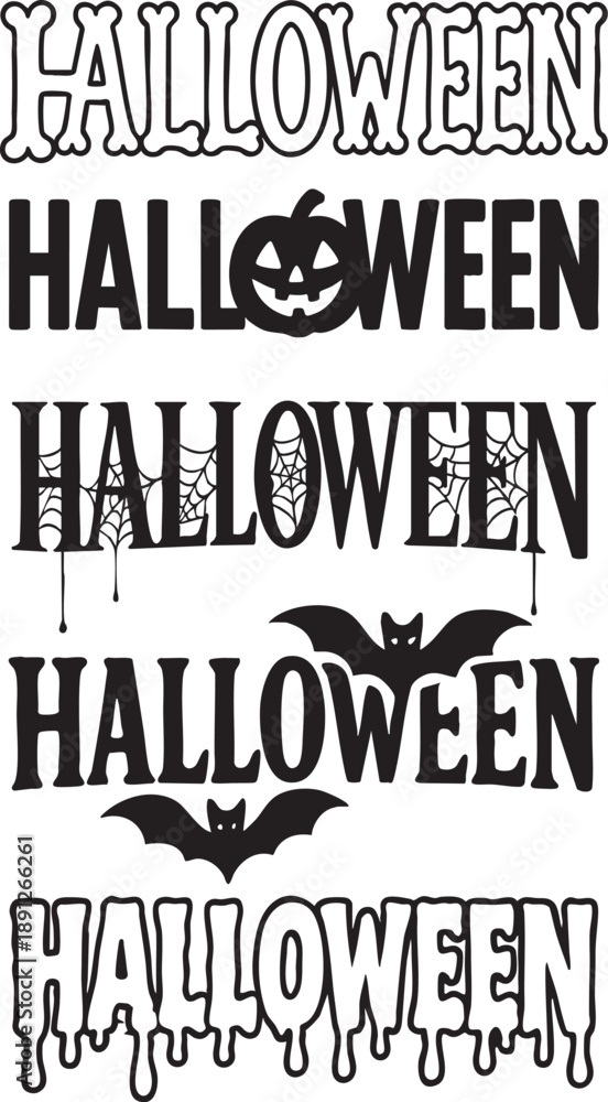 Obraz premium Collection of Halloween text designs with spooky elements like pumpkins, bats, and spiderwebs