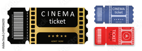 Black and gold cinema ticket with barcode, film strip frame and five stars rating, modern movie admission pass isolated on black or transparent background.