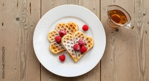 Wallpaper Mural Heart Shaped Waffles: Two heart waffles with raspberries and powdered sugar on white plate, maple syrup in glass, rustic wooden table, top view romantic breakfast, cozy morning date concept Torontodigital.ca