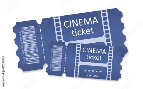 Two blue cinema tickets with barcode and film strip design, movie admission passes isolated on black/transparent background.