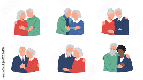 Collection of various elderly couples hugging and showing affection representing love, aging, and retirement lifestyle illustrations.