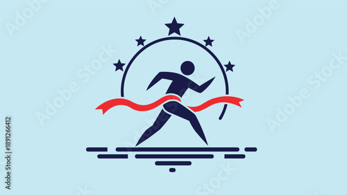 Silhouette of a runner crossing the finish line with a red ribbon and stars representing victory, sport success, and achievement.