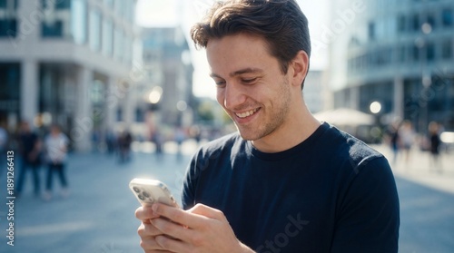 Smiling young man using a smartphone in a sunny city square, digital communication and mobile lifestyle in a bright urban outdoor setting during the day