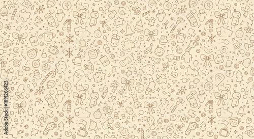 Whimsical hand drawn christmas icons seamless pattern on beige background festive doodle art for holiday design celebratory winter