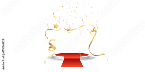 Golden confetti ribbons and star particles flying above a white podium with a red carpet, festive award stage isolated on black/transparent background.