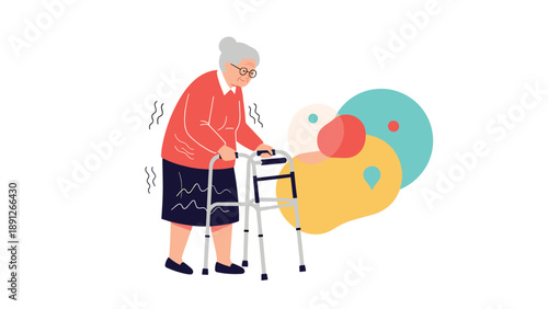 Senior woman using a walking frame for mobility assistance with colorful abstract shapes in the background representing healthcare.