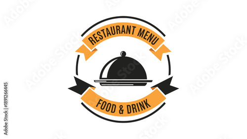 Elegant restaurant menu logo featuring a food cloche dish cover icon with orange ribbons and typography on white background.