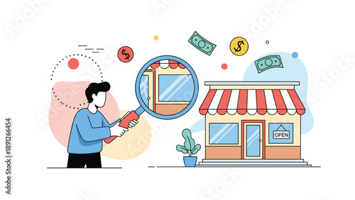 Business analysis concept with a professional man using a magnifying glass to inspect a retail shop store building front.