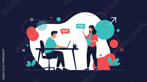 Two professional colleagues collaborating and communicating in a modern office environment with colorful abstract shapes art.