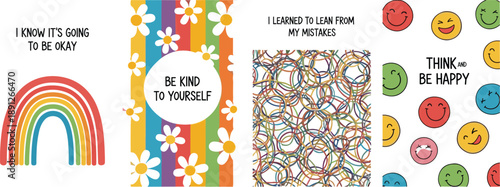Vector illustration of four motivational panels featuring rainbow, flowers, rings, and expressive faces with positive messages