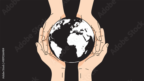 Concept of environmental protection and global unity featuring human hands cupping a black and white planet earth globe.