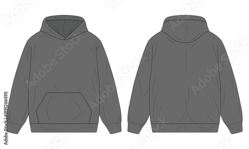 Plain grey hoodie flat sketch template front and back view