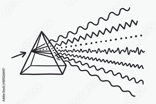 Hand drawn illustration of light or wave dispersion through a triangular prism.