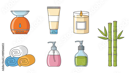 Comprehensive collection of spa and wellness items including essential oil diffuser, lotions, towels, bamboo, and scented candles.