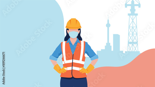 Professional female construction worker wearing a face mask and safety equipment in front of a blue industrial city silhouette.