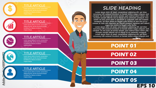 5-Step Educational Infographic Template. Vector Presentation Slide Featuring Male Teacher Character, Blackboard Heading, and Colorful Numbered Point Banners
