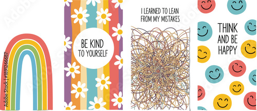 Vector illustration of four uplifting panels featuring rainbow, daisies, tangled lines, and smiling faces with motivational text