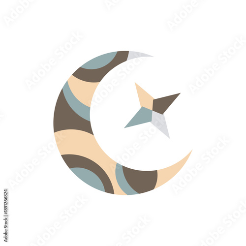 Bohemian style crescent moon with geometric star pattern in pastel colors for modern nursery decor or celestial spiritual illustration isolated on white background