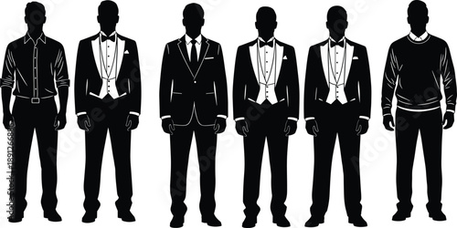Formal men silhouettes wearing suits and tuxedos, elegant male fashion lineup, classic business style, black vector illustration set, collection, isolated