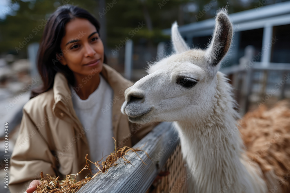 Fototapeta premium A warm image of a woman interacting with a friendly llama at a farm, illustrating the connection between humans and animals and the joy of nurturing bonds.