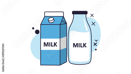 Simple and fresh illustration of a carton and a glass bottle of milk side by side representing healthy dairy products.