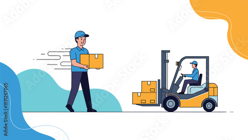 Logistics and delivery scene showing a warehouse worker carrying a box and a colleague operating a yellow forklift machine.