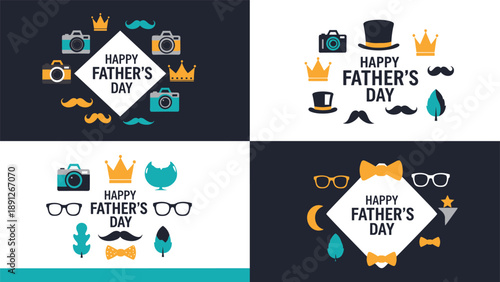 Set of four Father's Day badges with classic masculine icons like mustaches, crowns, hats, cameras, and glasses for a celebration.