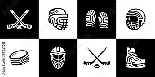 Vector Set of 8 Ice Hockey Equipment and Game Elements Icons