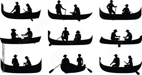 Canoe boat silhouette collection showing people paddling and rowing together on water, traditional outdoor travel scenes isolated on white background, black vector illustration