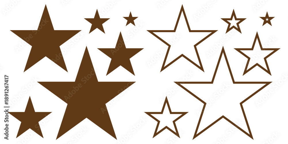 Obraz premium Collection of various size brown stars, some filled and some outlined, on a clean white background, versatile decorative elements