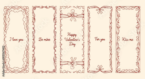 Set of five elegant vintage valentine's day cards with red floral borders and romantic messages on beige background