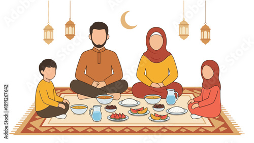 A Muslim family breaking their fast during Iftar, sitting on a rug with traditional food and drinks, celebrating Ramadan.