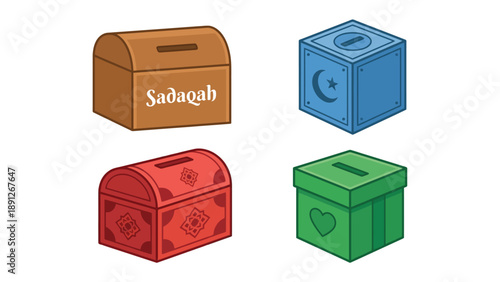 Four distinct charity and donation boxes, featuring Islamic symbols and a heart, for various philanthropic purposes.