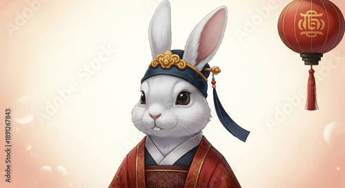Charming white rabbit character adorned in elegant traditional attire, celebrating the festive spirit with a classic Chinese lantern in a soft, illustrative setting