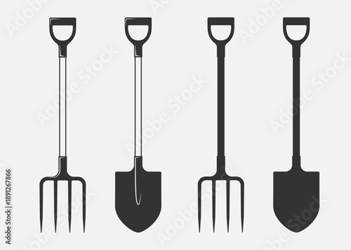 Spades and pitchforks graphic icons set. Work tools signs isolated on white background. Vector illustration