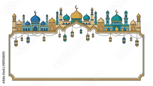 Elegant Islamic border frame with mosque silhouettes and hanging lanterns, perfect for Ramadan or Eid greetings and festive designs.