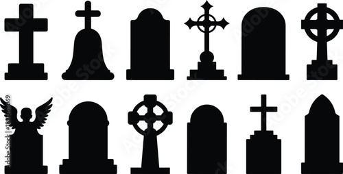 Cemetery gravestone and cross silhouette icon set showing memorial tombstones, religious funeral symbols and angel monuments isolated on white background, black vector illustration