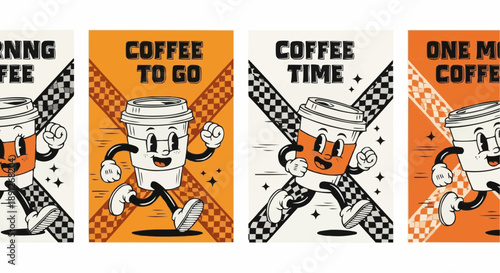 Cartoon coffee cups running with dynamic checkered patterns and bold typography on orange and white backgrounds