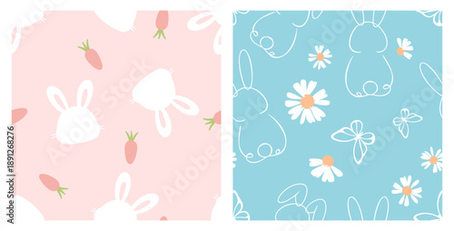 Cute seamless bunny pattern set with carrot and daisy elements in soft pink and blue pastel tones, featuring minimalist animal silhouettes and line art for nursery decor, fabric prints.