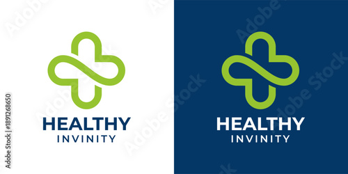 Infinity and medical logo design vector illustration. Plus Sign Infinity Health Medical Green Logo Design Vector Template