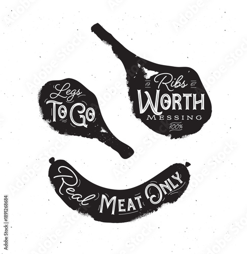 Barbecue set grilled meat chicken ribs steak and sausage illustration drawing in monochrome vintage sketch style on white background