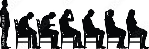 People waiting in line silhouettes on chairs, human emotions patience stress concept, social behavior psychology scene, black vector illustration, isolated, set