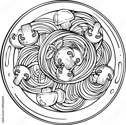 Spaghetti plate with sliced champignon mushrooms, top view. Classic Italian cuisine dish for menu, cooking blog. Vector illustration in hand drawn sketch doodle style. Line art isolated on white