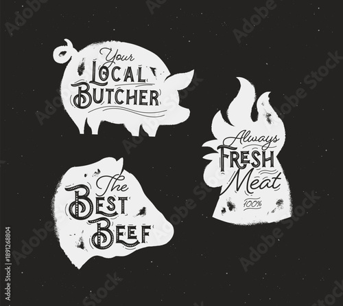 Butcher set meat chicken beef and pork illustration drawing in monochrome vintage sketch style on black background