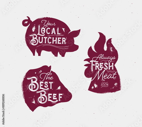Butcher set meat chicken beef and pork illustration drawing in vintage sketch style with grey color on red background